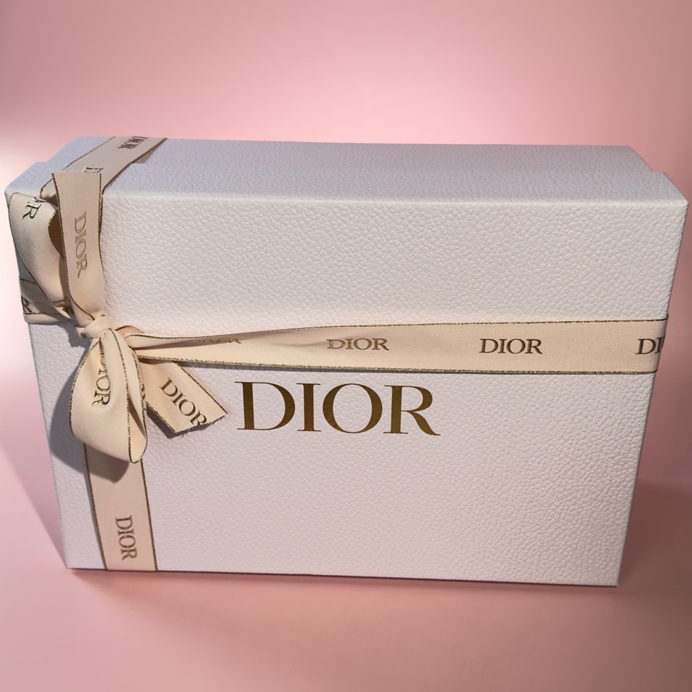 Dior White Textured Gift Box with Pink and Gold Ribbon.